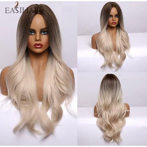 EASIHAIR Brown to Light Blonde Ombre Synthetic Wigs Long Middle Part Wavy Wigs for Women Heat Resistant Cosplay Wig Natural Hair