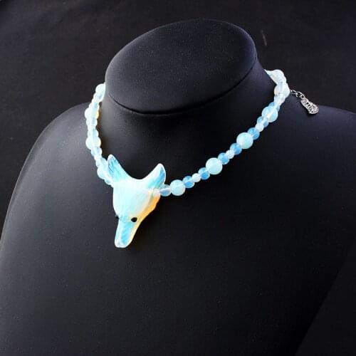 Gothic Wolf Head Pendant Necklaces for Women Opal Beads Neck Chain Choker Wholesale Female Goth Jewelry Halloween Gift VGN056