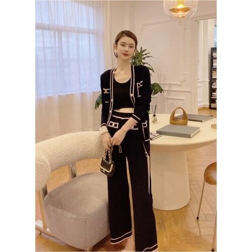 WTIANYUW 2021 New European Station Royal Sister Suit Womens New Small Fragrant Wind Knitted Cardigan Two Piece Wide Leg Pants