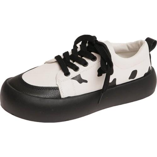 Womens Casual Flat Shoes, White Cow Color PU Panel Shoes, Womens Outing Soft-soled Fashion Sports Shoes Shoes Women