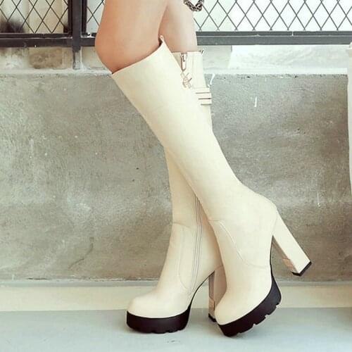 Faux Leather Black White Women Knee Boots Fashion Square Root Platform Boots Women Autumn Winter Leather Shoes Large Size 34-43