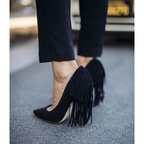 2018 Spring Fashion Sexy Pointed Toe Fringe Back Ladies High Heels Black Suede Leather Women Slip On Pumps Female Elegant Pumps