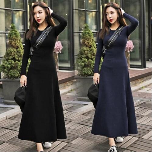 Lady Elegant Solid Long Dress 2020 Autumn Winter Bottom Full Sleeves Maxi Dress Thicken Warm Slim Dress Vestido Plus Size M-6XL
