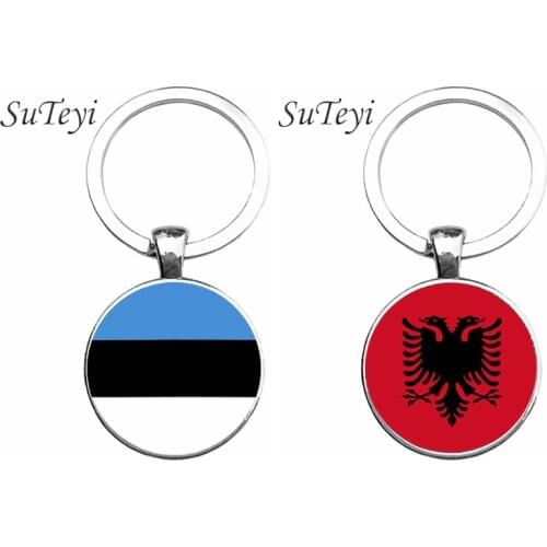 SUTEYI Fashion Flag Pattern Art Key Ring Albania/Estonia Flag Key Chain Jewelry Glass Cabochon Pendant Car/Handbag Keychain