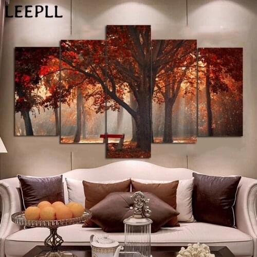Reliabli Art 5 Panels / Set Tree Autumn Landscape Pictures Canvas Painting Wall Art For Living Room Posters And Prints Home Deco