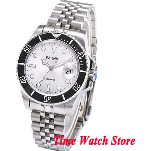 40mm parnis Miyota 8215 5ATM Automatic wrist watch men waterproof date sapphire glass luminous silver dial black ceramic bezel