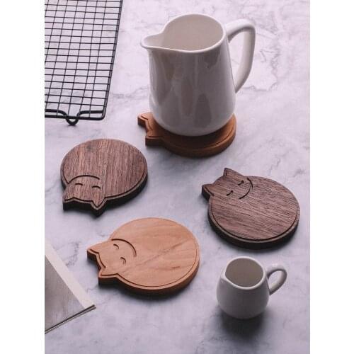 Black Walnut Cute Cartoon Cat Coasters Solid Wood Heat Insulation Pads Eco Natural Wood Cups/Pots Holder Tableware Placemats
