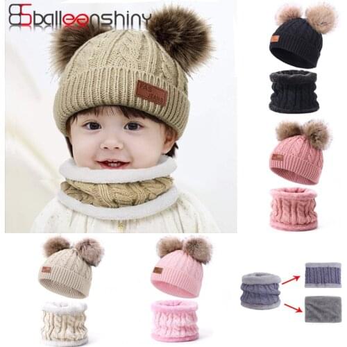 Children Scarf Hat Set Baby Knitted Hat Warm Wool Plus Velvet Thick Collar Cotton Girls And Boys for 0-24M Child Kids Soft Cap