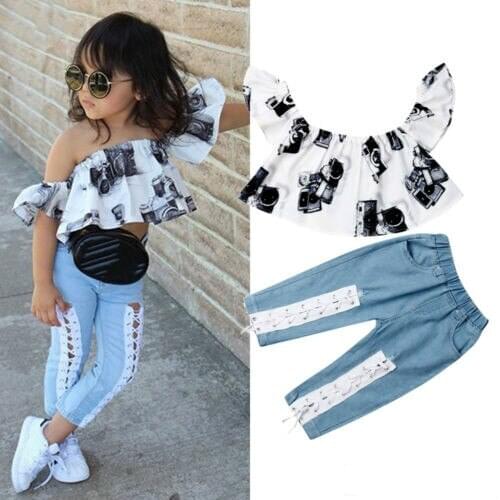 2019 Baby girl summer clothing set Off Fashion Print Shoulder Ruffle Tops Denim Pants Outfits for Kid clothes toddler Children