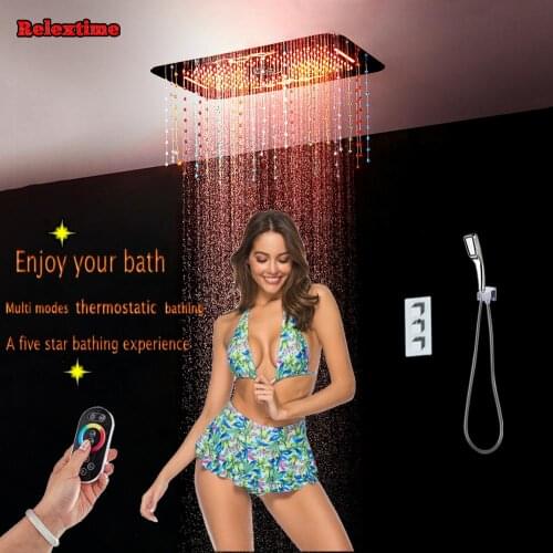 Crystal Pendant Luxury multi-function LED Ceiling Shower Head Rainfall Bathroom Shower Set Concealed Thermostatic Faucet Mixer