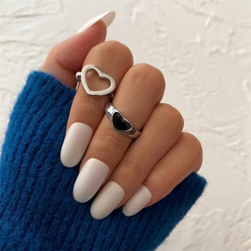 KISS WIFE 2/pcs Trendy Silver Color Lovers Couple Rings For Women Girls Heart Adjustable Open Rings Set Fashion Jewelry Gifts