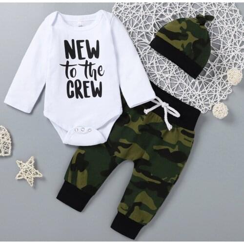 0-12M) Children suit winter fashion long-sleeved letter printed romper + camouflage pants + hat suit детская одежда девочки 50