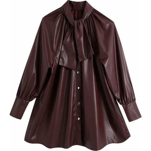 Nice Vintage Woman Loose Burgundy Draped PU Blouse New Vogue Ladies Autumn Oversized Single Breasted Shirt Female Casual Top