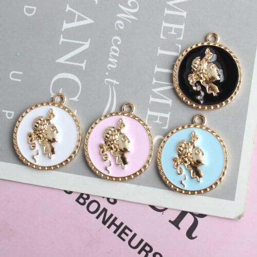 Round Beauty Woman Image Round Alloy Charms 40pcs 22*26mm Gold Tone Plated Drop Oil Enamel Jewelry DIY Earring Necklace Pendants
