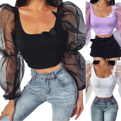 Summer Sexy Women See Through Tulle Long Puff Sleeve Butterfly U Neck Slims Fit Crop Top Blouse Ladies Mesh Sheer Wrap Chest