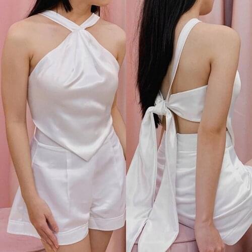 Hot kf-Womens Halter Neck Tie Knot Square Scarf Sexy Strapless Solid Color Slimming Underwear Cross Camisole White