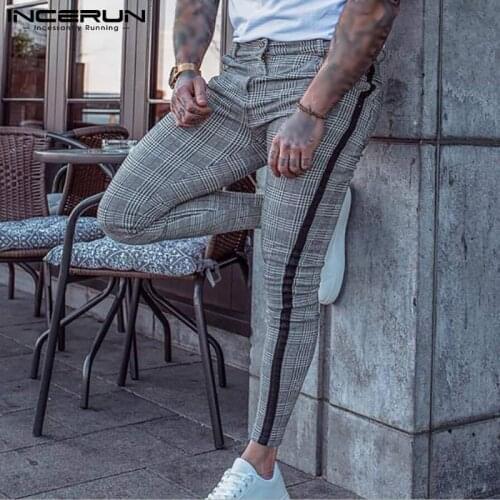 INCERUN Fashion Men Casual Pants Joggers Button 2021 Plaid Patchwork Fitness Pockets Trousers Streetwear Pantalones Hombre S-5XL