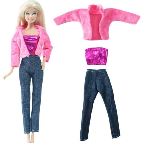 1 Set Handmade Doll Dress Outfit Pink Fur Coat Shiny Top Trousers Party Wear Girl Clothes for Barbie Doll Accessories Toy Gift