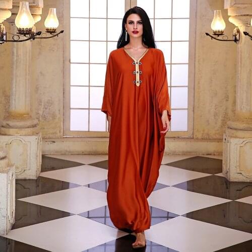 Late Burning orange gold edge satin hand-stitched diamond loose bat sleeve cape Middle East dress Plus size Causal Muslim Dress