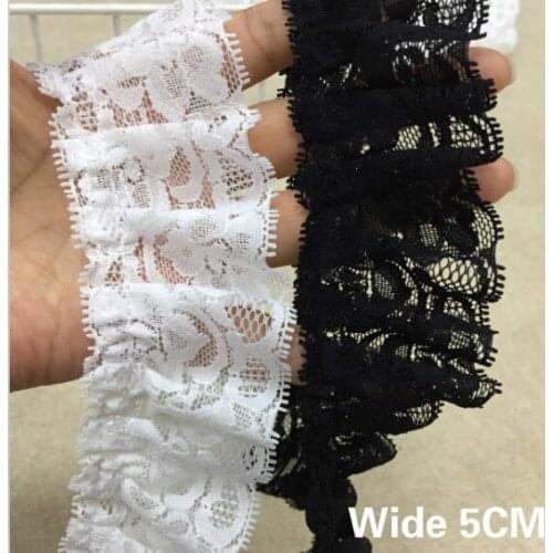 5CM Wide Luxury Tulle White Black 3D Pleated Lace Ribbon Cotton Embroidery Flowers Edge Ruffle Trim For Clothes Sewing Supplies