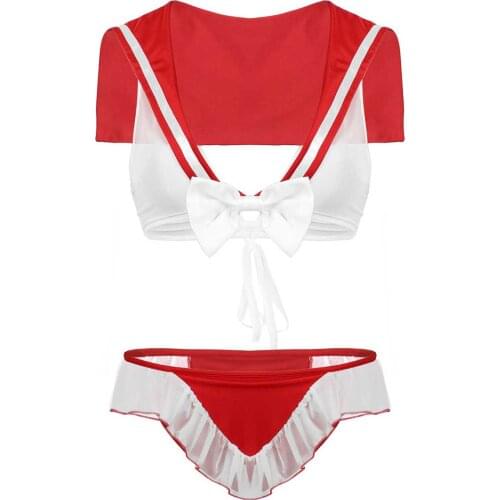 Sexy Schoolgirl Women Transparent Bra Top Erotic See Through Sheer Sailor Costume Cosplay Lingerie Set Crop Top Ruffle Underwear