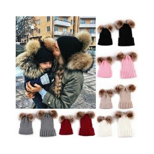 Focusnorm Mom& Kids Baby Girl Winter Beanie Cap with Knitted Double Fur Bobble Pom Hat Cap