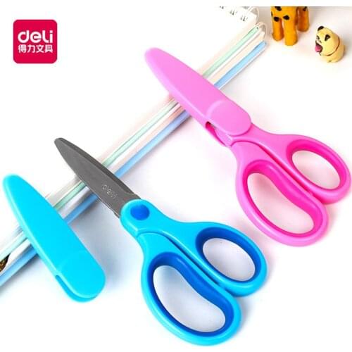 Deli 6074 student scissors childrens safety scissors with sheath with name stick scissors learn to hand in office supplies
