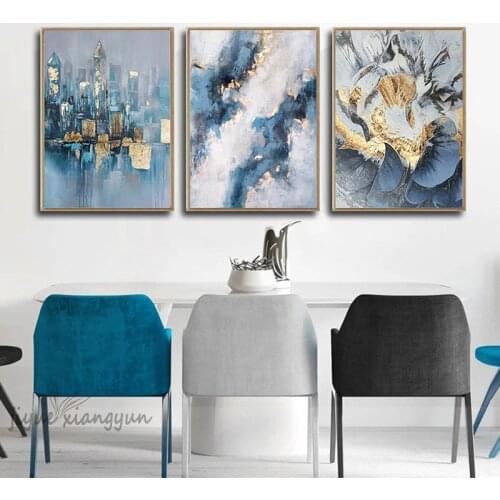 Nordic Abstract City Blue Building Wall Art Poster Canvas painting Gold foil Posters Living Room Home Decoration