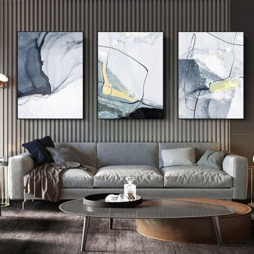 Modern Abstract Blue-gray line Wall Art Canvas Painting Nordic Golden Blue Smoke Art Poster Print Wall Pictures for Living Room