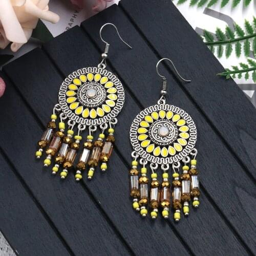 Retro Boho Flower Indian Bollywood Jhumka Earrings Ethnic Yellow Beads Drop Earrings For Women Ethnic Gypsy Earrings