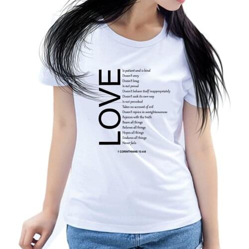 Women T Shirt Print 1 Corinthians 13 4-8 Bible Verse Quote - Love Never Fails - Love is Patient Kind - Girls Harajuku Fashion