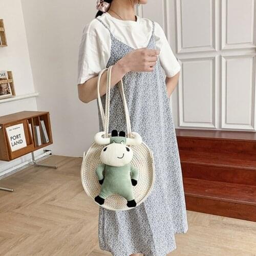 Women Woven Straw Circular Shoulder Bag Cartoon 3D Cow Toy Beach Tote Handbag