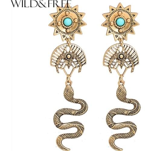 Wild&Free Vintage Gold Long Snake Earrings for Women Statement Party Earring Dangle Sun Ethnic Earrings Fashion Jewelry