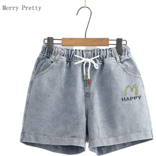 Denim Shorts For Women Letter Embroidery High Waist Summer Shorts Plus Size M-2xl Short Jeans Korean Ladies Pocket Blue Shorts