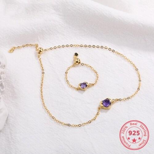 Korea Hot Style Pure 925 Sterling Silver Bracelet for Women Delicate Fashion Puple Crystal Gold Bracelets Jewelry