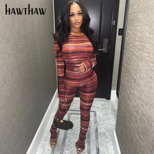 Hawthaw Women Autumn Long Sleeve Striped Printed T Shirt Tops Long Pant Two Piece Set Suit 2021 Fall Clothes Wholesale Items
