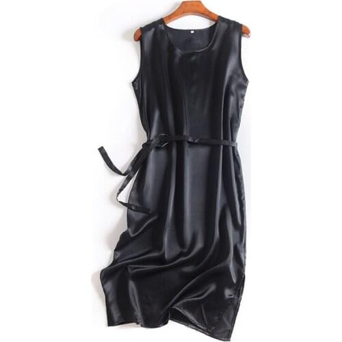 Women Summer Silk Dress O neck Black Vintage Natural silk dresses Elegant Dress Casual holiday real silk Knee-Length dress