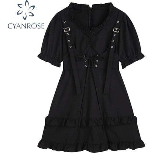 Streetwear Gothic Dress Women Vintage 2021 Summer Casual Puff Sleeve Harajuku Design Bandage Punk Ruffle Black Mini Dresses Girl