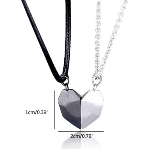2Pcs Minimalist Lovers Matching Friendship Heart Pendant Couple Magnetic Distance Faceted Heart Pendant Necklace Jewelry