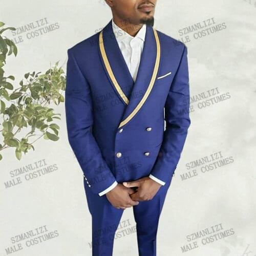 2021 Latest Coat Pant Designs Formal Groom Tuxedos Double Breasted Royal Blue Groomsmen Best Man Jacket Mens Wedding Suits