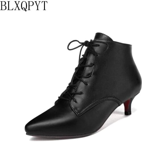 BLXQPYT Big size Spring Autumn Stiletto Thin low Heels Pointed Toe Leather Lace-Up Style Sexy Ankle Women Boots shoes woman 56-6