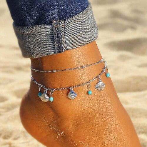 Shell Pendant Anklets For Women Vintage Stone Beads Anklet Set Bohemian Bracelet Ankle On Leg Summer Beach Anklet Ocean Jewelry