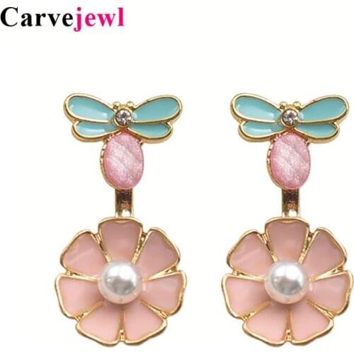 Carvejewl Enamel flower Dragonfly Earrings For Girls Gift Brincos Vintage Insect simulated pearl double sided Dangling Earrings