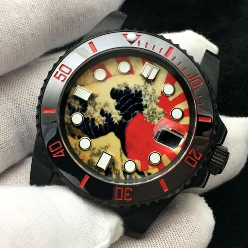 For Seiko NH35/35A Movement Black Watch Case Customized Wave Dial Modified Watch Case 28.5mm Kanagawa Dial Watch Accessories
