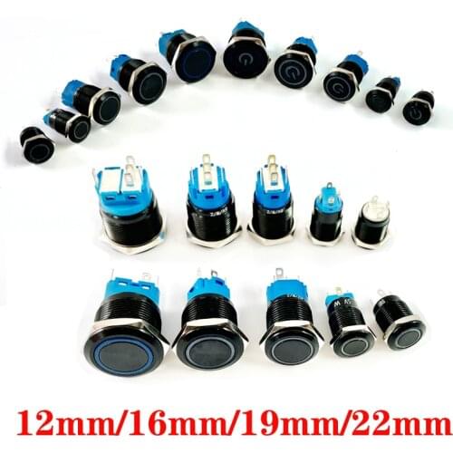 Black Push Button Switch 12/16/19/22mm Waterproof illuminated Led Light Metal Flat Momentary Switches with power mark 5V 12V 24V