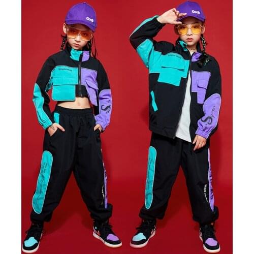 Kids Jazz Dance Hip Hop Costumes Girls Short Jacket Navel Tops Street Pants Performance Fashion Clothing For Children BL5454