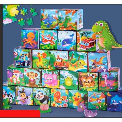 Montessori Puzzle Childrens Wooden Cartoon Animal Traffic Dinosaur 24 Pieces Small Puzzle Baby Educational Toys for Children