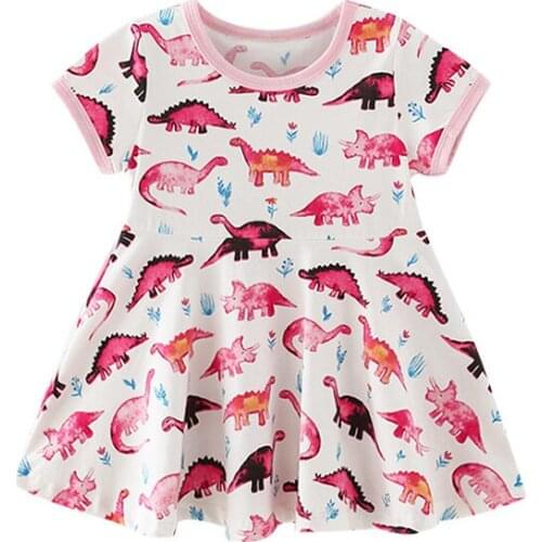 27kids Fashion Breathable Girls with Dinosaur Pattern Cotton Kids Summer Short Sleeve Dress for Casual Skirt 2-7Years