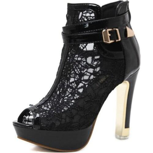 Classic Sandals Boots Women High Heels Pumps Sexy Hollow Out Mesh Lace-Up Cross-tied Boots Party Shoes Party Mujer Bombas