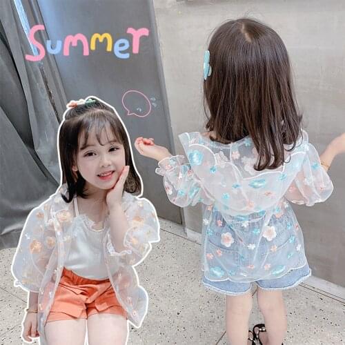 Summer Thin Girls Coat Lace Flower Embroidery Hooded Kids Jackets 2021 New Long Sleeve Cardigan Hooded Children Outwear 1-8 Y